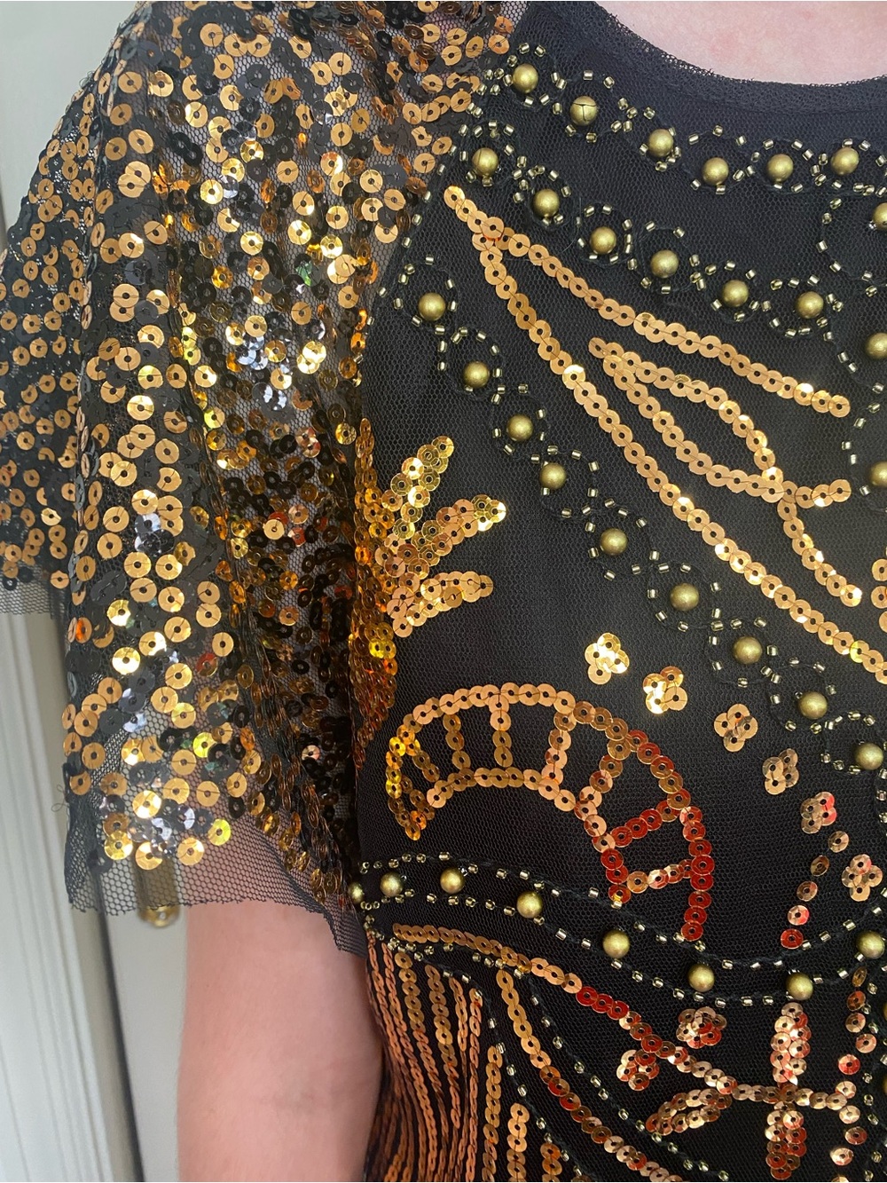 Size Small 1920s Flapper Black & Gold Sequin Fringe Midi Dress party Halloween - Picture 2 of 14